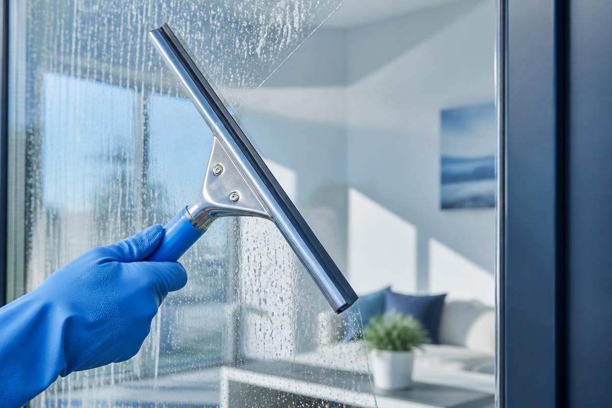 Fensterscheibe wird mit Abzieher streifenfrei gereinigt